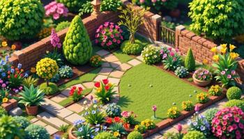 a stylized isometric garden scene with ornamental plants. photo