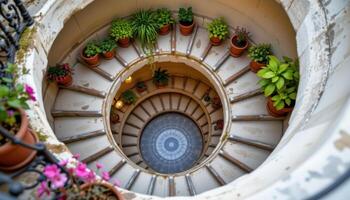 a spiral staircase lined with potted ornamentals. photo
