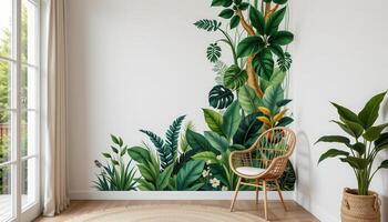 a jungle themed room corner with layered foliage. photo