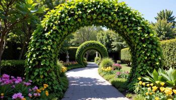 an arch made of living ornamental greenery. photo