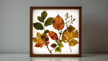 a lightbox frame holding pressed ornamental leaves. photo