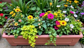 a rectangular trough of alternating ornamental plants. photo