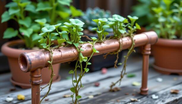 a copper pipe stand holding string of hearts plants. photo