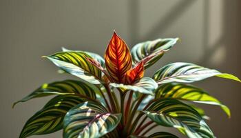 a calathea plant with patterned leaves under spotlight. photo