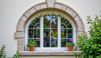 a triangle window alcove lined with leafy ornamentals. photo