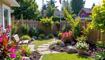 a peaceful backyard with low maintenance ornamentals. photo