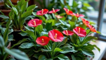 a display of flowering anthurium in soft lighting. photo