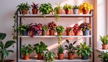 a plant rack filled with colored foliage in gradient light. photo