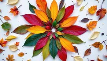 a top down image of leaves forming a spiral color wheel. photo
