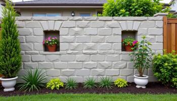 a concrete wall with recessed slots for potted ornamentals. photo