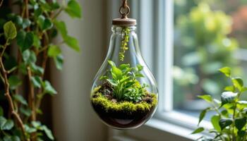 a hanging glass bulb terrarium with moss and vines. photo