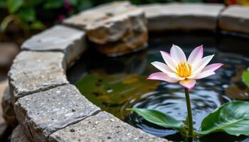 a peace lily in bloom beside a stone water feature. photo