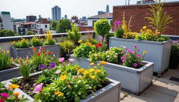 a roof garden scene filled with planter boxes of ornamentals. photo