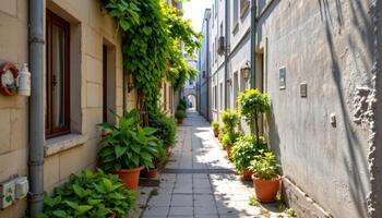 a narrow alleyway filled with waist height planters. photo