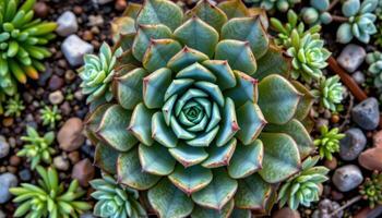 a spiral pattern of ornamental succulents viewed from above. photo