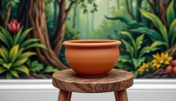 a clay pot sitting on a wooden stool in front of a jungle mural. photo