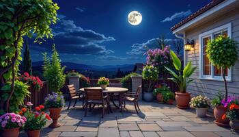 a moonlit patio with potted ornamental plants. photo
