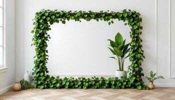 a large mirror with ivy trained to frame the edges. photo
