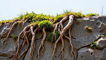 ornamental roots clinging to the surface of large rocks photo