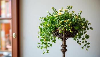 antique iron stand holding multiple layers of ornamental greenery photo