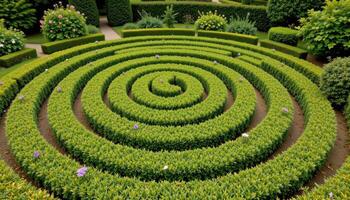 ornamental shrubs creating a spiral maze in a garden photo