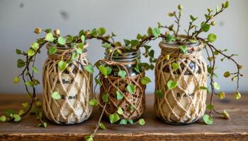 macrame wrapped jars with trailing ornamental vines photo