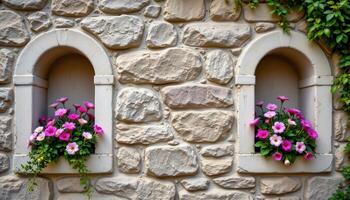 ornamental flowers placed in recessed wall niches photo