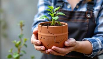 a cracked clay pot holding a resilient ornamental sprout photo