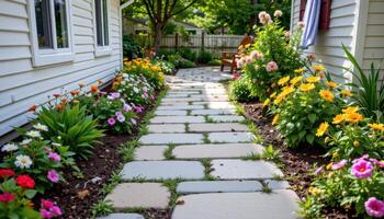 pathway made of decorative stone slabs and lined with flowering ornamentals photo