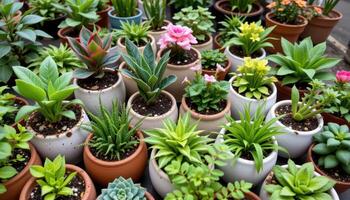 ornamental plants in ceramic pots arranged in a spiral pattern photo