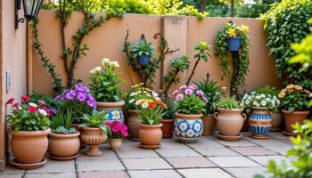 a group of ornamental pots on a tiled mediterranean patio photo