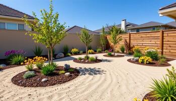 ornamental garden integrated into a dry zen sand layout photo