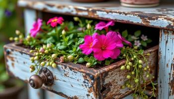 ornamental plants growing from an old, weathered drawer photo