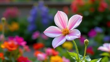 a single ornamental flower against a blurred garden background photo