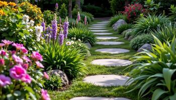 a series of stepping stones framed by dense ornamental plants photo
