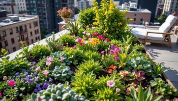 ornamental plants in a rooftop garden surrounded by city buildings photo