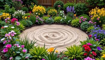 ornamental border plants framing a sand meditation circle photo