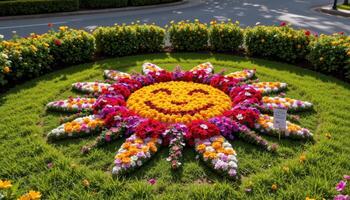 ornamental flowers forming the shape of a sun on the ground photo