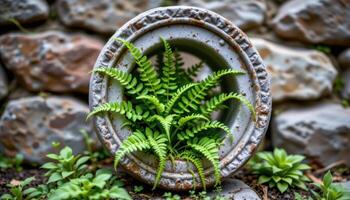 ornamental ferns growing from inside a stone sculpture photo