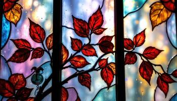 stained glass window casting colored light on ornamental leaves photo