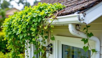 overgrown ornamental vines spilling over a rain gutter photo