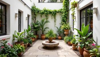 indoor courtyard with ornamental planters in every corner photo