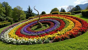 ornamental plants arranged in a rainbow spiral on a hill photo
