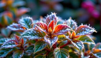 ornamental plant leaves sparkling with ice crystals photo