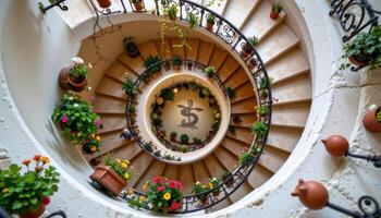 spiral staircase surrounded by hanging ornamental pots photo