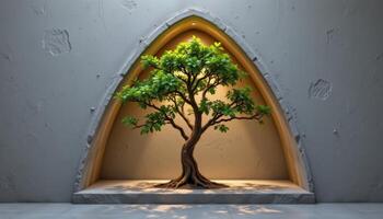 small tree in a triangular niche with ambient wall light photo