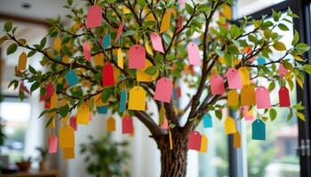 indoor tree with colorful paper tags hanging from branches photo
