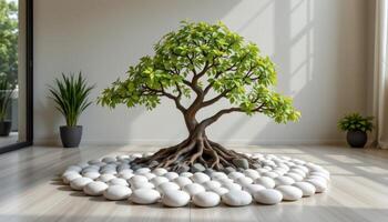 indoor tree surrounded by smooth white river stones photo