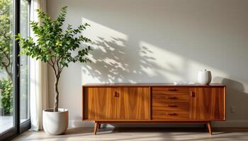 indoor tree placed beside a mid century cabinet with closed drawers photo