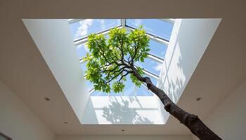 indoor tree reaching toward an overhead grid skylight photo